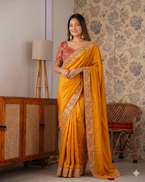 Beautifull Premium Soft Fendy Silk With Embroidery Work Saree
