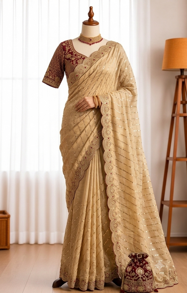 Soft Space Silk Saree with Bead Sequin & Zari Embroidery Work