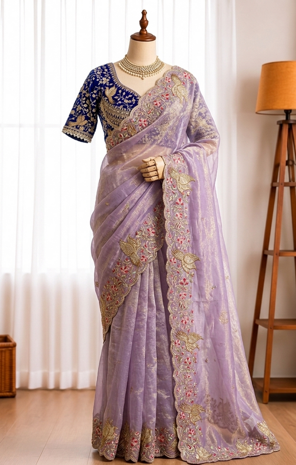 Fendy Satin Saree with Embroidery Work & Stitched Blouse
