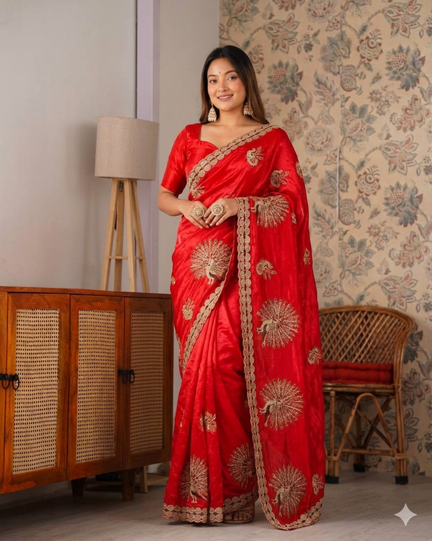 Red Color Fandy Satin Silk With Embroidery Work Saree