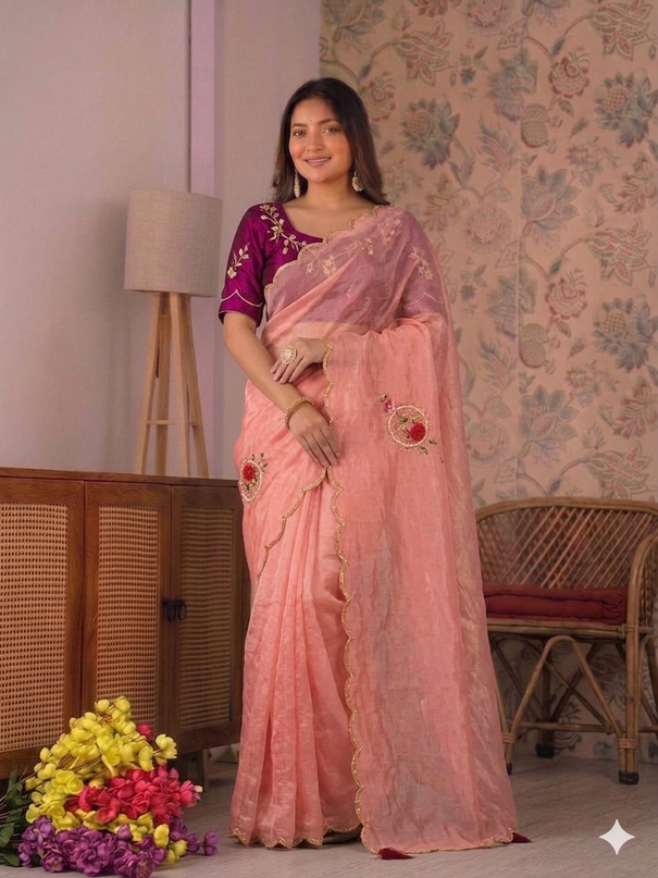 Beautiful Fandy Satin Saree With Handwork Butta And Cutdana Work