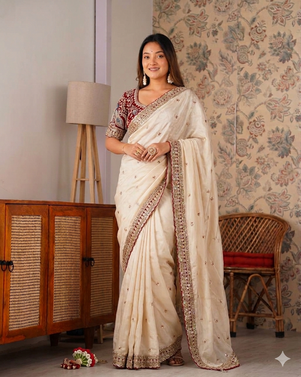Beautifull Beige Color Rangoli Silk With Beautifull Embroidery Work Saree