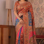 Beautiful Japan Satin Saree With Digital Print Aari & Mirror Work