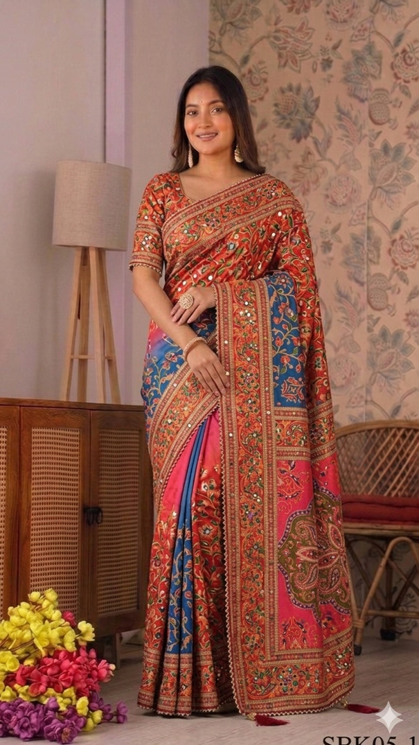 Beautiful Japan Satin Saree With Digital Print Aari & Mirror Work