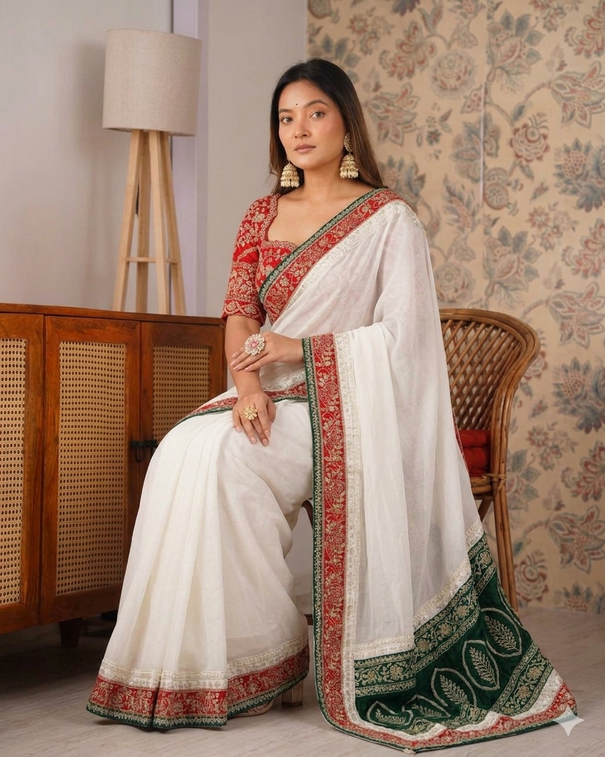 Beautifull Whte Color Tibby Silk With Thred Work Saree