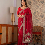 Beautiful Fendy Satin Saree With Elegant Multi Embroidery & Siroski Hand Work
