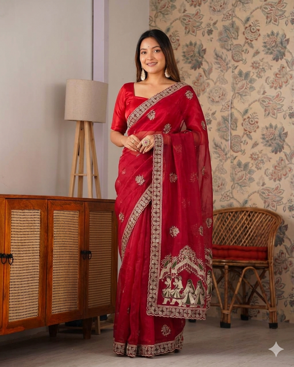 Beautiful Fendy Satin Saree With Elegant Multi Embroidery & Siroski Hand Work