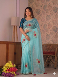 Beautiful Fandy Satin Saree With Handwork Butta And Cutdana Work
