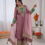 Beautiful Heavy Crunchy Silk Suit Set With Elegant Embroidery Cut Work