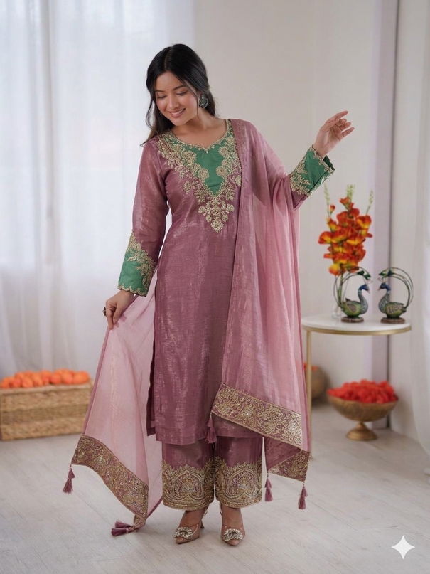 Beautiful Heavy Crunchy Silk Suit Set With Elegant Embroidery Cut Work