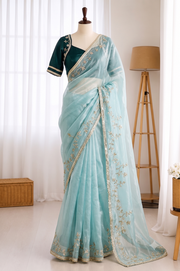 Beautifull Rimzim Silk With Beautifull Hand Work Saree