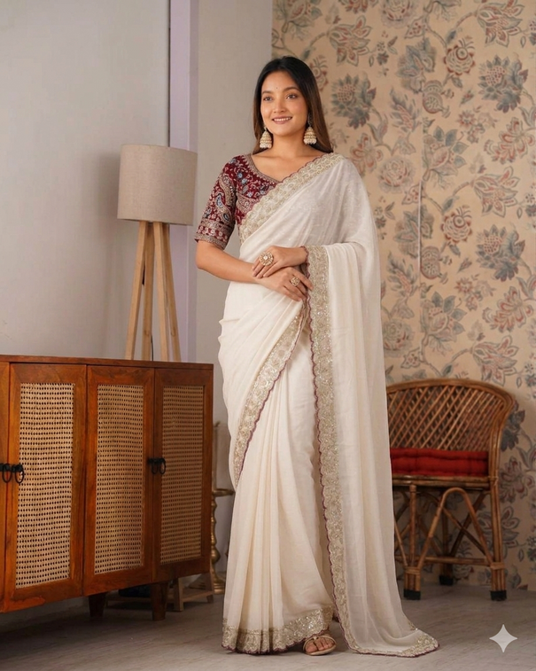 Beautifull Elegent Rich Look Embroidery Sequience Work Saree