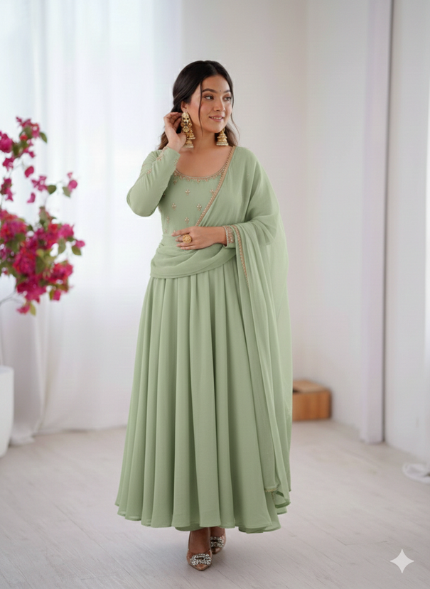 Pista Color Georgette With Hand Mirror Work Gown