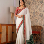 Beautifull Whte Color Tibby Silk With Thred Work Saree