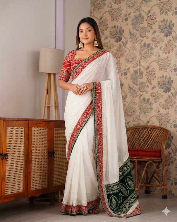 Beautifull Whte Color Tibby Silk With Thred Work Saree