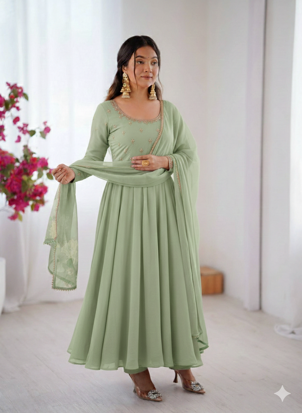 Pista Color Georgette With Hand Mirror Work Gown