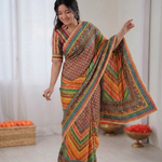 Beautiful Chinon Silk Saree With Elegant Print & Real Mirror Work