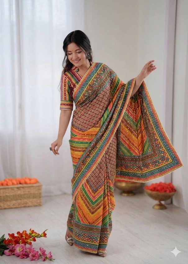 Beautiful Chinon Silk Saree With Elegant Print & Real Mirror Work