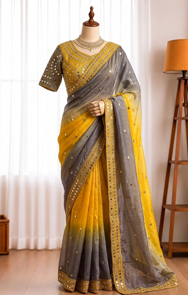 Fendy Satin Saree with Zari Embroidery & Real Mirror Work