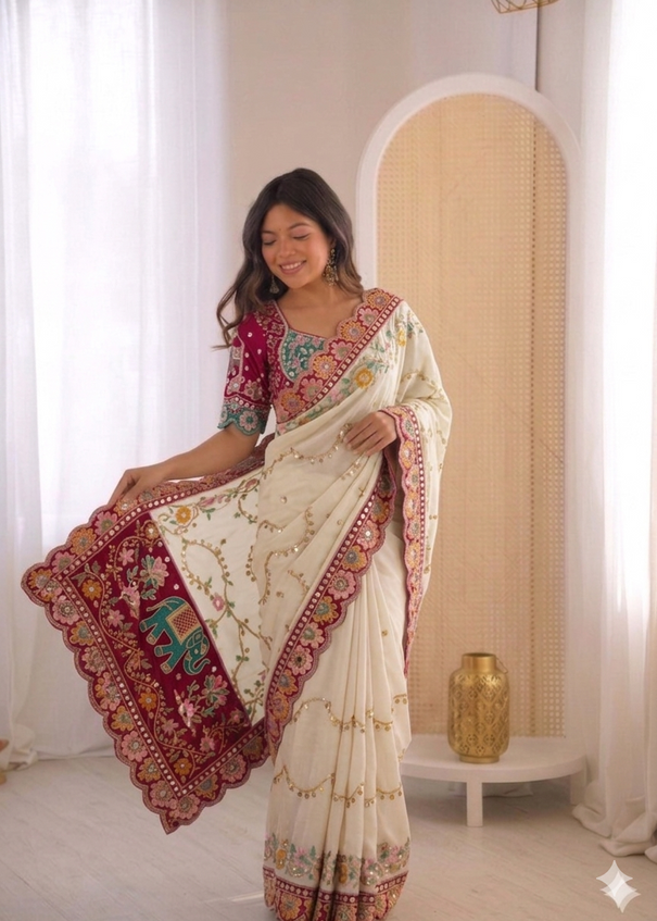 Beautiful Rangoli Silk Saree With Dori & Mirror Touch Work