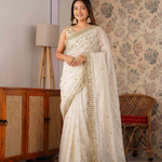 Beautiful White Color Glass Satin With Sequience Work Saree