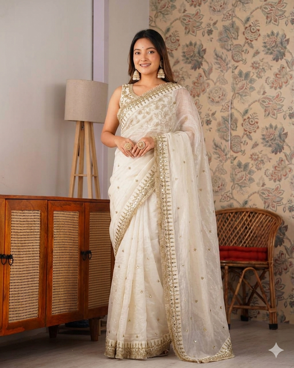 Beautiful White Color Glass Satin With Sequience Work Saree
