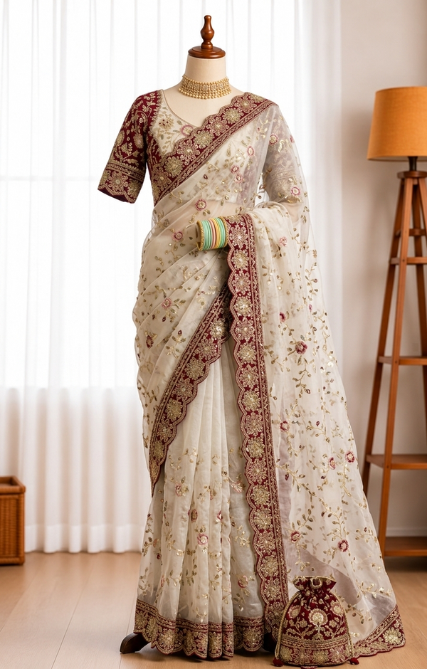 Elegant Fendy Satin Saree with 3+5mm Sequin Lehriya Embroidery Work
