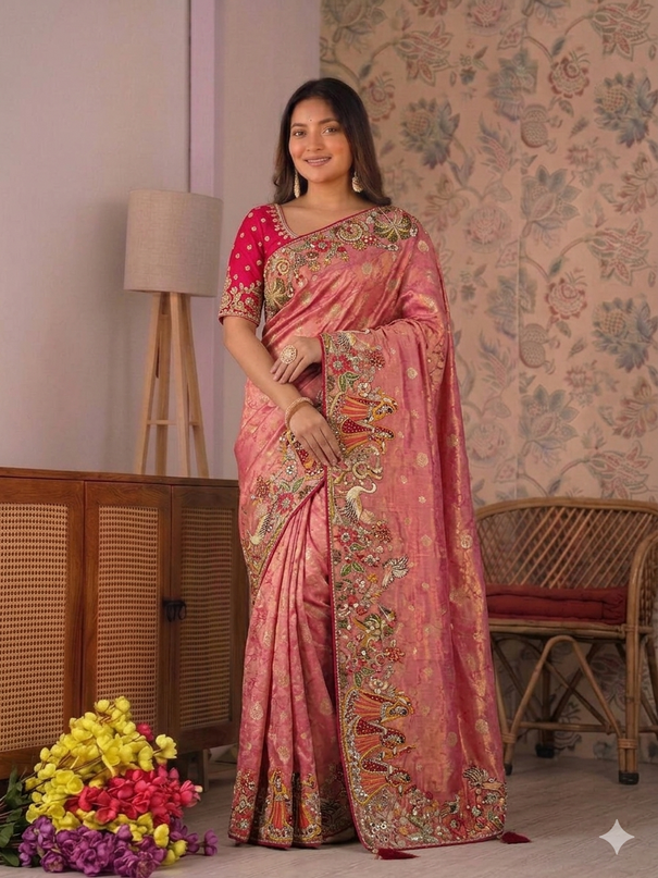 Beautiful  Dola Silk Saree With Coding And Multi Sequence Work