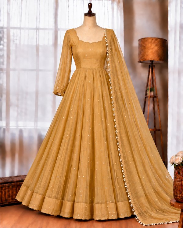Salsa Silk Crush Gown with Foil Work & Lace Dupatta