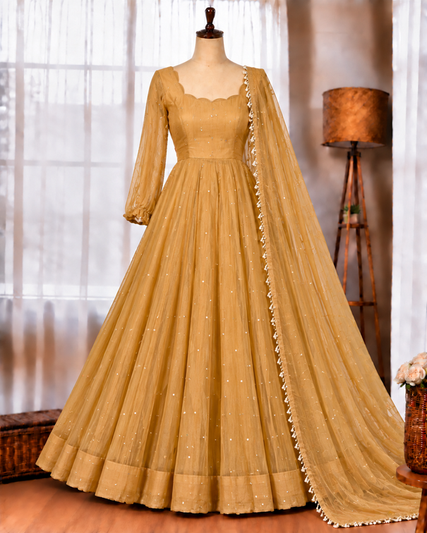 Salsa Silk Crush Gown with Foil Work & Lace Dupatta