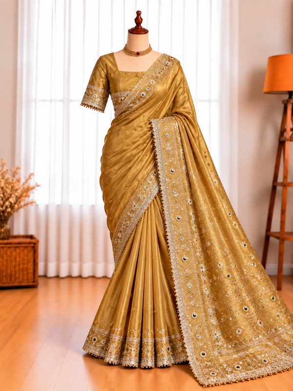 Premium Tissue Saree with Mirror, Sequin & Ghungroo Work
