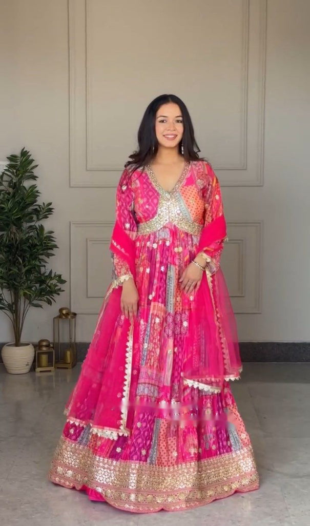 Pink Color Chinon Silk With Digital Print Work Gown