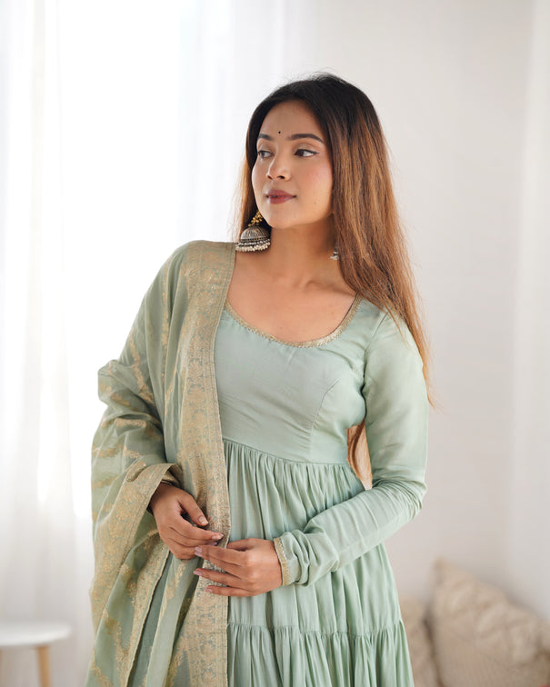 New Roman Silk Fabric Anarkali with Dupatta and Pant Set