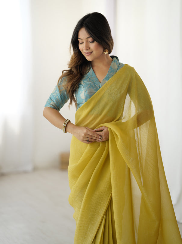 Yellow Color Sparkel With Ready To Wear Banarasi Saree