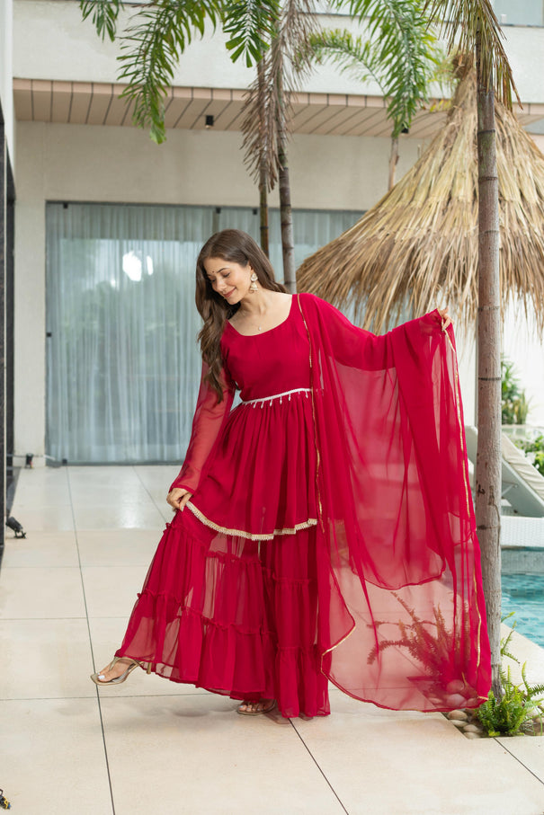 Red Color Pure Soft Fabric Micro Cotton Kediya Kurti With Plazzo