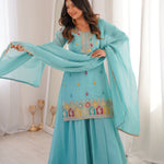 Beautifull Sky Color Crunchy Silk With Sequience Work Top Sharara