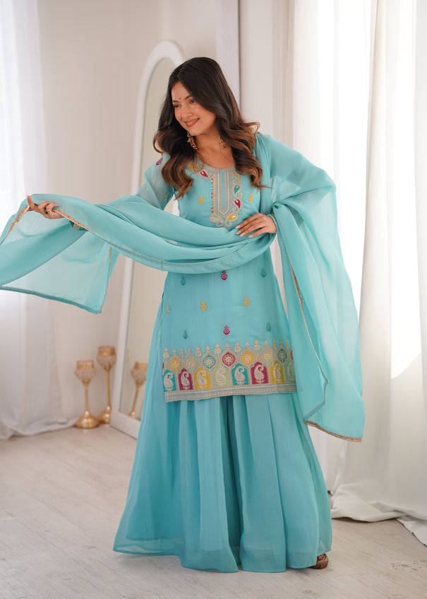 Beautifull Sky Color Crunchy Silk With Sequience Work Top Sharara