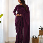 Wine Colour Velvet Lace Work Border Saree With Full Stitch Blouse