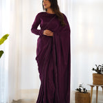 Wine Colour Velvet Lace Work Border Saree With Full Stitch Blouse