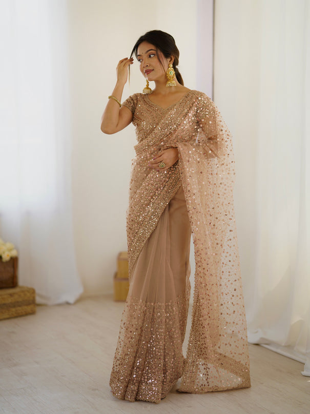 Party wear designer zari sequence soft net saree