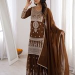 Beautifull Brown Color Crunchy Silk With Embroidery Work Top Sharara
