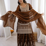 Beautifull Brown Color Crunchy Silk With Embroidery Work Top Sharara