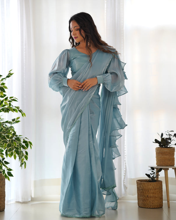 Pre Draped jimmy Choo Orgenza Silk Saree With Full Stitch Blouse