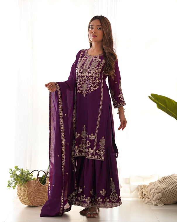 Beautifull Wine Color Chinnon Silk With Embrodiery Work Top Sharara