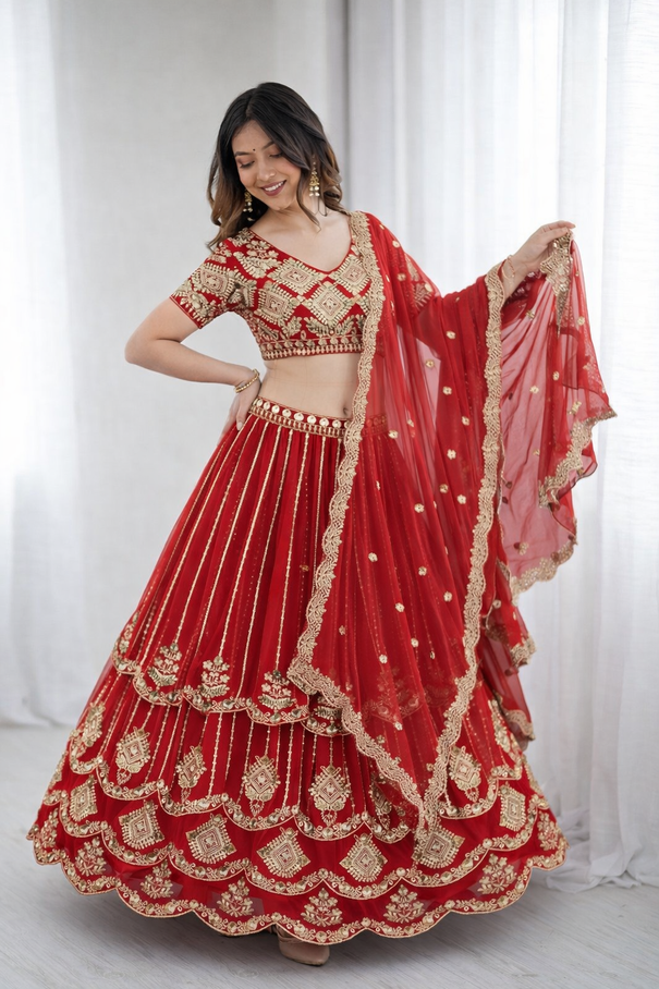 Beautifull Red Color Faux Georgette Sequience Embroidery Work Lehenga