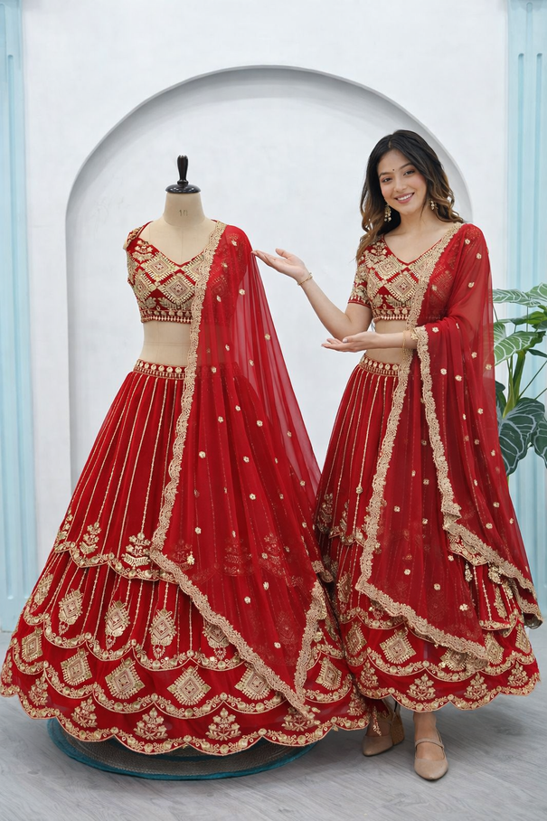 Beautifull Red Color Faux Georgette Sequience Embroidery Work Lehenga