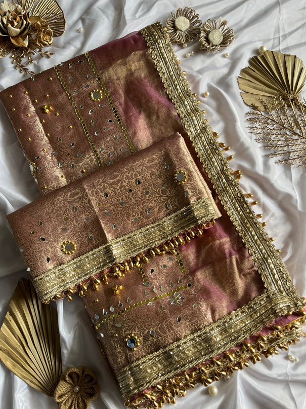 Premium Tissue Saree with Stone & Mirror Work and Ghungroo Blouse