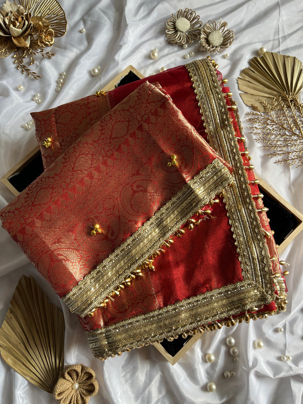Premium Tissue Saree with Golden Motifs, Lace & Ghungroo Work