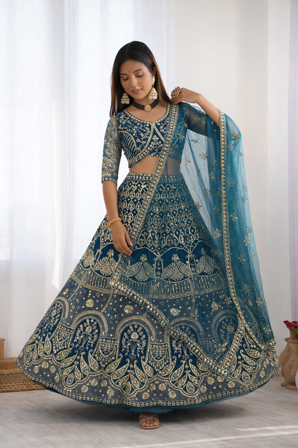 Beautifull Butterfly Net With Sequience Coding Work Lehenga