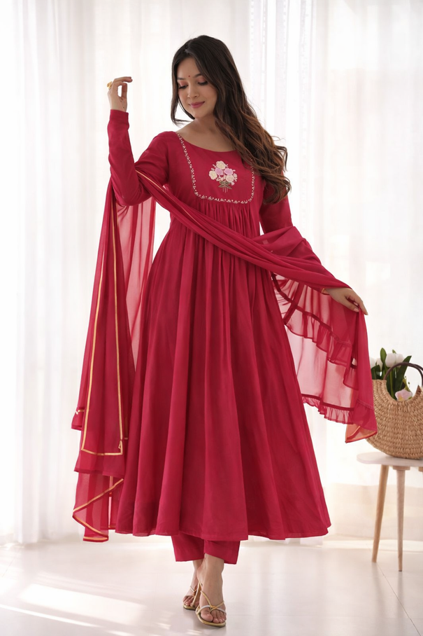 Beautifull Red Color Viscos With Heavy Butter Cotton Work Gown